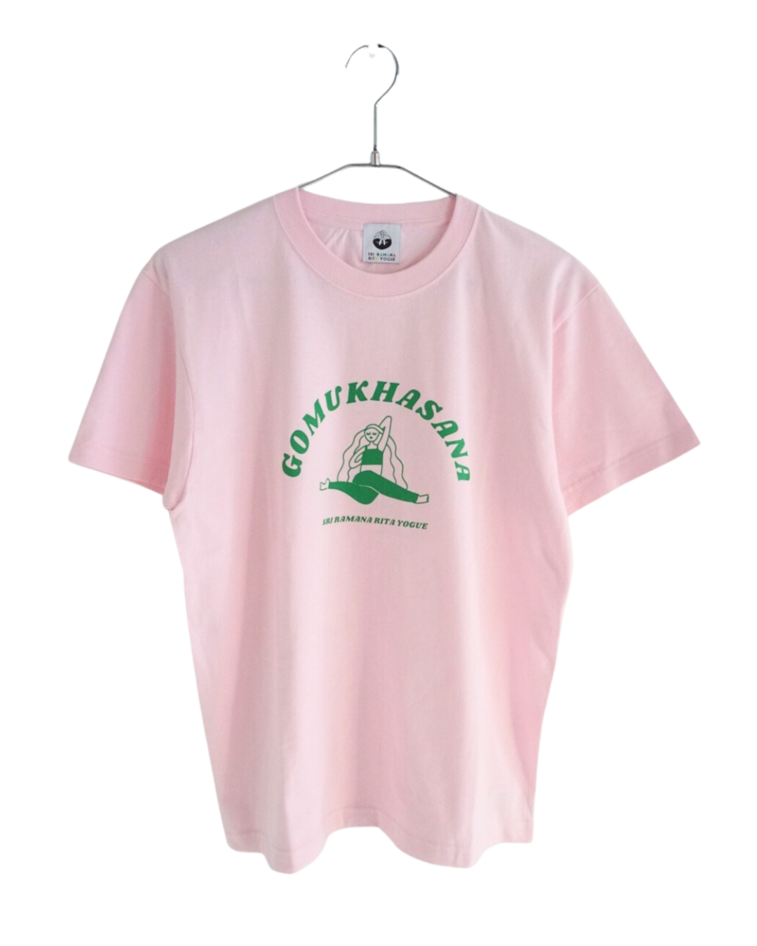 SRI.RAMANA.RITA.YOGUE  GOMUKHASANA　ゴームカーサナ／牛の顔のポーズ　Tシャツ(ピンク×グリーン）