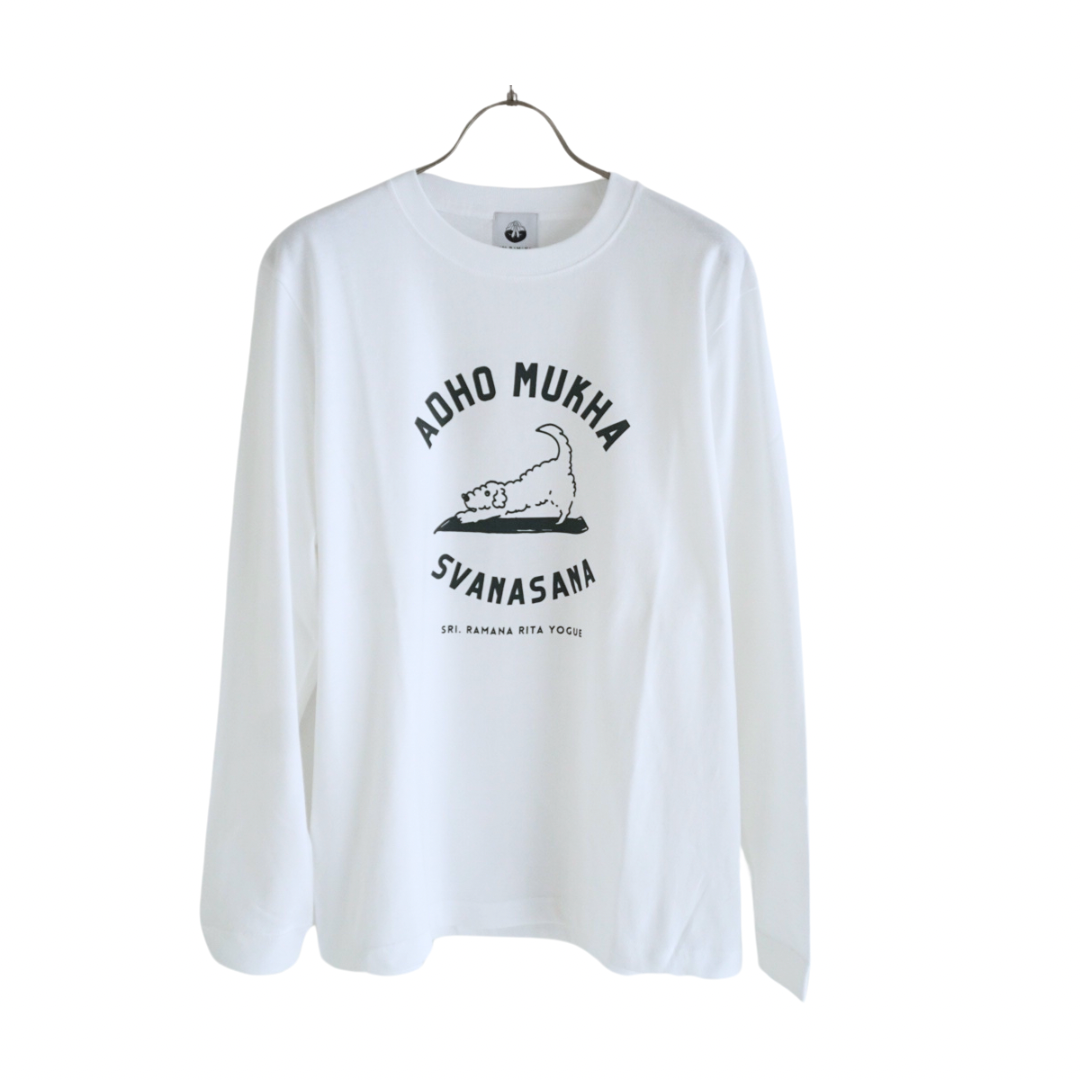 ADHOMUKHA SVANASANA ／ダウンドッグ　ロングTシャツ（白×ディープモスグリーン）アドムカ　シュヴァナーサナ