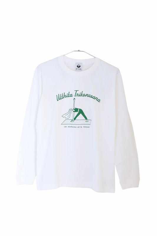 SRI.RAMANA.RITA.YOGUE Utthita Trikonasana  ロングTシャツ（ホワイト×グリーン）